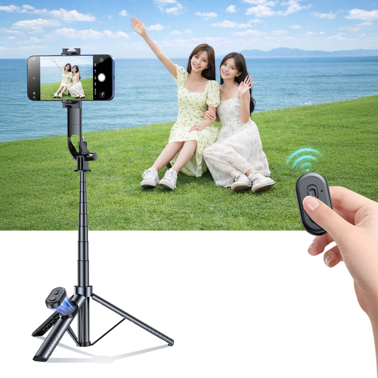 Na obrazie widać teleskopowy tripod z zamocowanym smartfonem, na którym wyświetla się zdjęcie dwóch osób siedzących na trawie. Obok widoczny jest pilot zdalnego sterowania trzymany w dłoni.