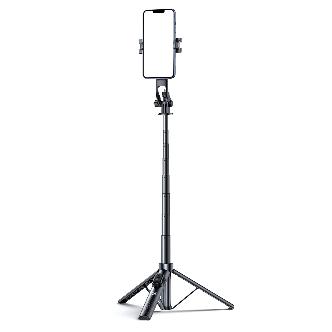 Czarny teleskopowy tripod z uchwytem na telefon, rozłożony na pełną wysokość. Telefon jest zamocowany w uchwycie na szczycie statywu.