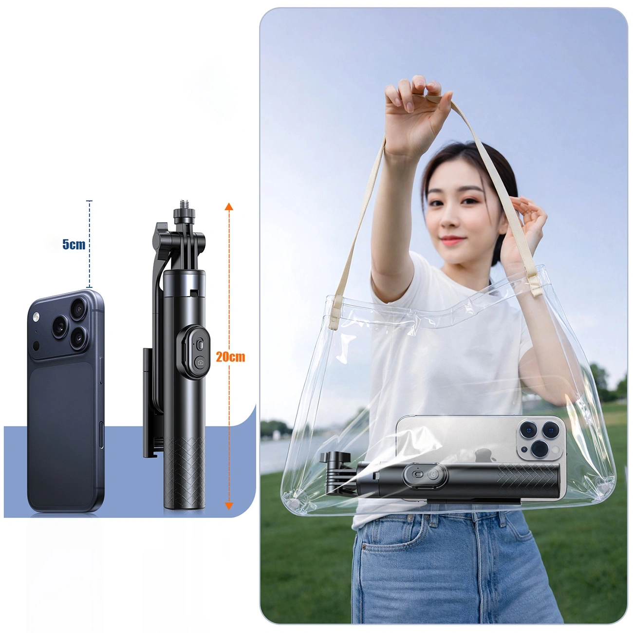 Obraz przedstawia teleskopowy tripod o wysokości 20 cm obok smartfona o wysokości 5 cm. Po prawej stronie osoba trzyma przezroczystą torbę z tripodem i smartfonem w środku.