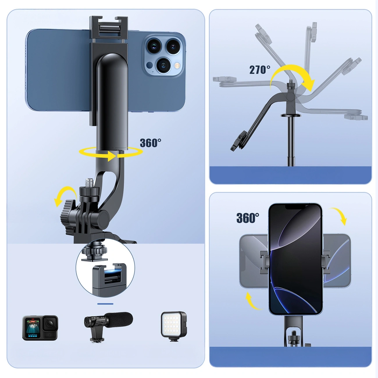 Obraz przedstawia teleskopowy tripod z uchwytem na telefon, który można obracać o 360 stopni. Dodatkowo pokazano możliwość regulacji kąta nachylenia o 270 stopni oraz kompatybilność z różnymi urządzeniami, takimi jak kamera, mikrofon i lampa LED.