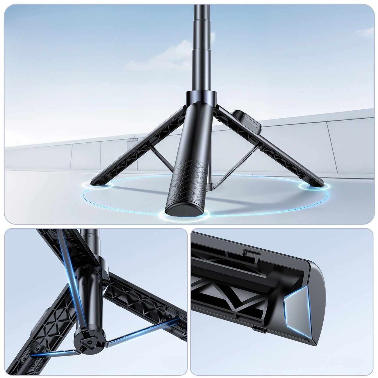 Obraz przedstawia czarny teleskopowy tripod z uchwytem na telefon, złożony z trzech segmentów. Widoczne są szczegóły konstrukcji nóg i mechanizmu rozkładania.