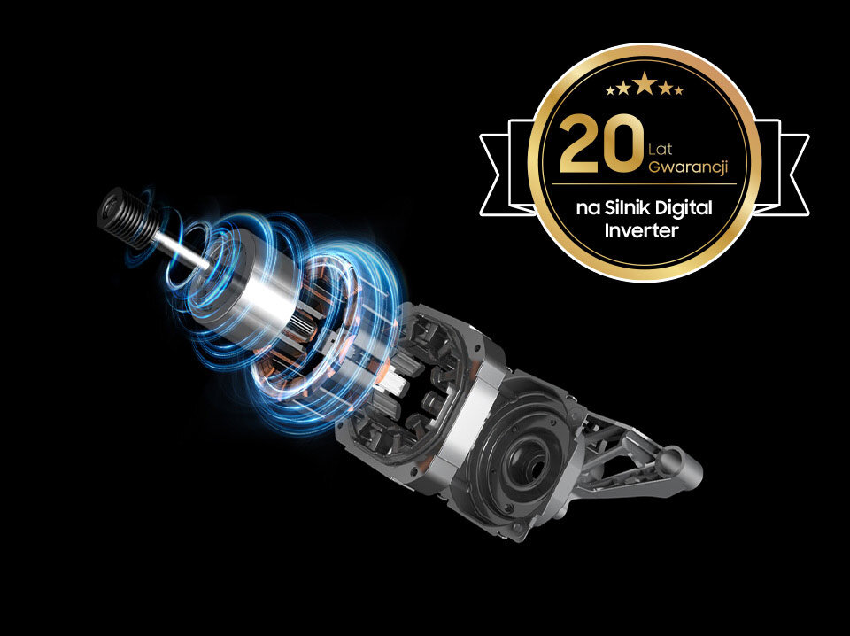 20 lat gwarancji na silnik Digital Inverter Obraz przedstawia wizualizację silnika Digital Inverter z efektem świetlnym. Obok znajduje się odznaka z napisem \'20 Lat Gwarancji na Silnik Digital Inverter\'.