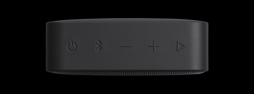 Czarny głośnik z widocznymi przyciskami: włączania, Bluetooth, zmniejszania i zwiększania głośności oraz odtwarzania.