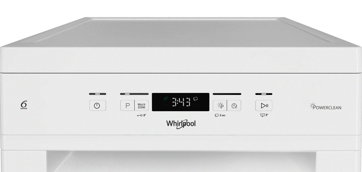 Przedni panel białej zmywarki z widocznymi przyciskami i wyświetlaczem pokazującym czas 3:43. Na panelu znajduje się logo Whirlpool oraz napis PowerClean.