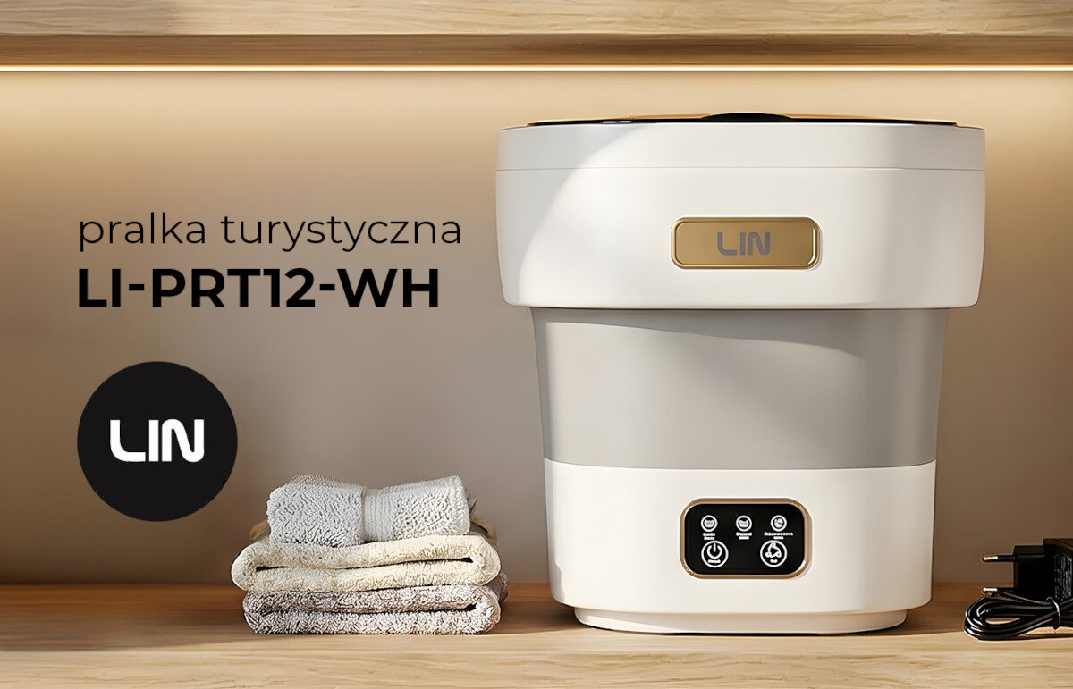 Na obrazie znajduje się pralko-wirówka turystyczna z napisem \'pralka turystyczna LI-PRT12-WH\' oraz logo \'LIN\'. Obok urządzenia leży stos złożonych ręczników.