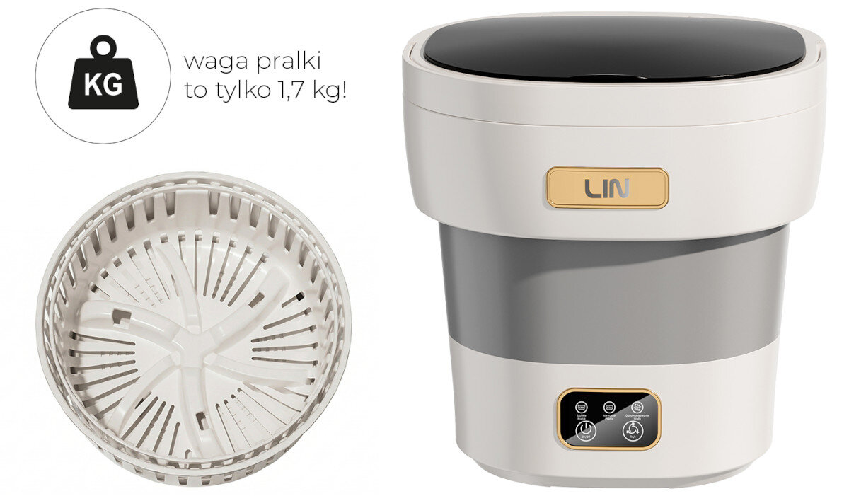 Obraz przedstawia pralko-wirówkę turystyczną z logo LIN na obudowie oraz panel sterowania z kilkoma ikonami. Obok znajduje się kosz wirówki i tekst: \'waga pralki to tylko 1,7 kg!\'.