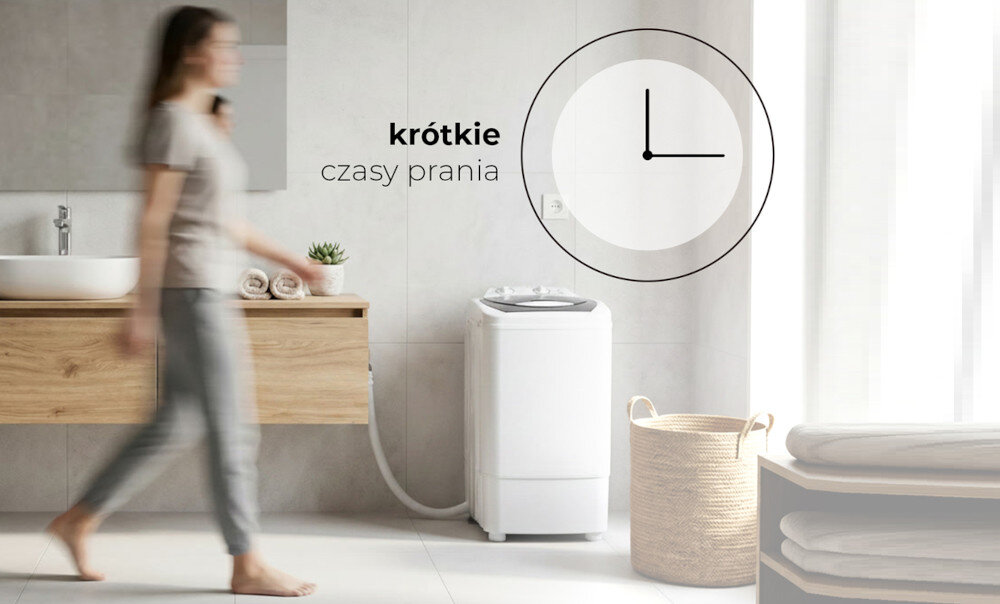 Pralko-wirówka LIN LI-PRW70-WH Pralka stoi w łazience obok kosza na pranie, a obok widoczna grafika zegara z napisem „krótkie czasy prania”. Ilustracja podkreśla szybkie działanie urządzenia czas prania 3 6 9 12 15 minut szybkie pranie