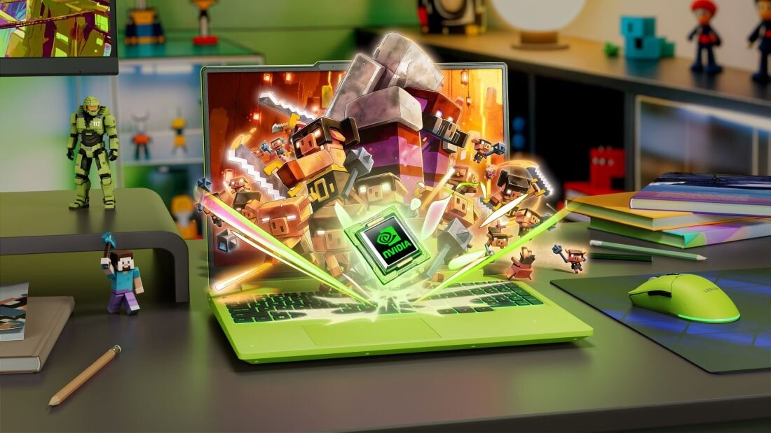  Laptop Lenovo LOQ z NVIDIA GeForce RTX pokazuje efektowną scenę gry na ekranie podczas intensywnej rozgrywki gamingowej. - GeForce RTX, NVIDIA Blackwell, DLSS 4 