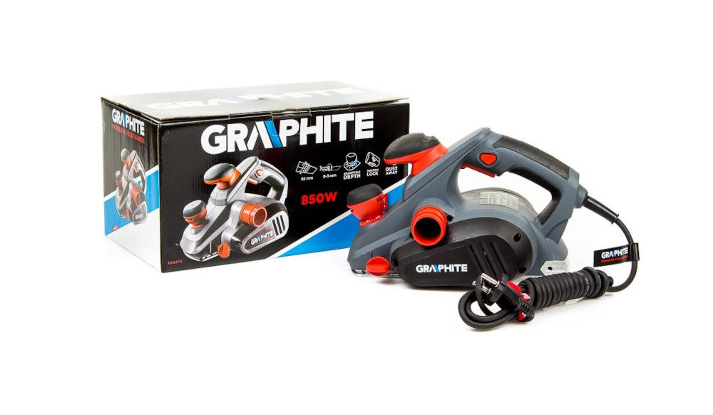 Na obrazie widoczny jest elektryczny strug w kolorze szaro-czarnym z czerwonymi elementami oraz jego opakowanie z napisem \'GRAPHITE 850W\'.