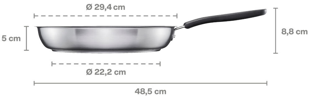Obraz przedstawia patelnię z uchwytem, z wymiarami: średnica zewnętrzna 29,4 cm, średnica wewnętrzna 22,2 cm, wysokość 5 cm, długość całkowita 48,5 cm, wysokość z uchwytem 8,8 cm.