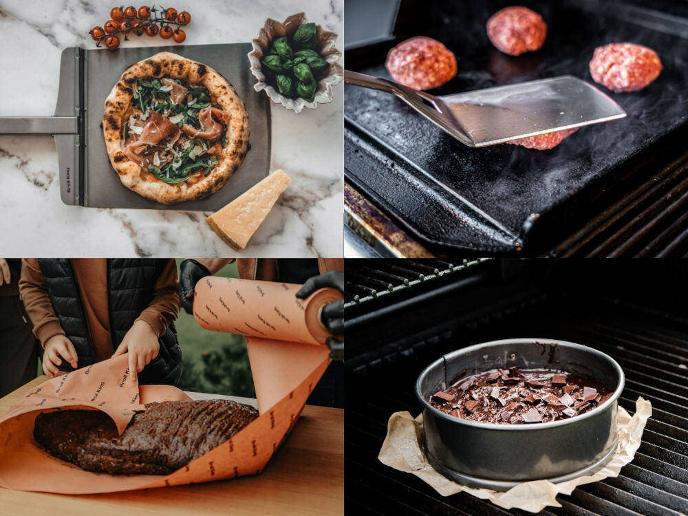 Cztery zdjęcia przedstawiają: pizzę na marmurowym blacie z serem i bazylią, smażone mięso na grillu, pieczone mięso zawijane w papier oraz ciasto czekoladowe w formie na grillu.