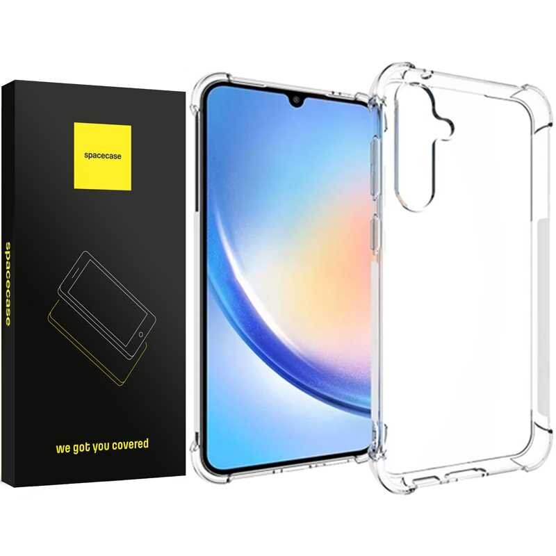 Przezroczyste silikonowe etui na telefon z widocznymi wzmocnieniami na rogach. Obok znajduje się czarne opakowanie z żółtym logo \'spacecase\' i napisem \'we got you covered\'.