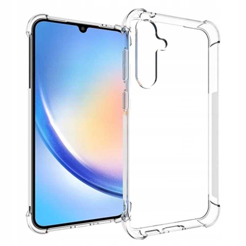 Przezroczyste silikonowe etui z wzmocnionymi narożnikami, przeznaczone do smartfona z wycięciem na aparat. Obok etui widoczny jest telefon z kolorowym ekranem.