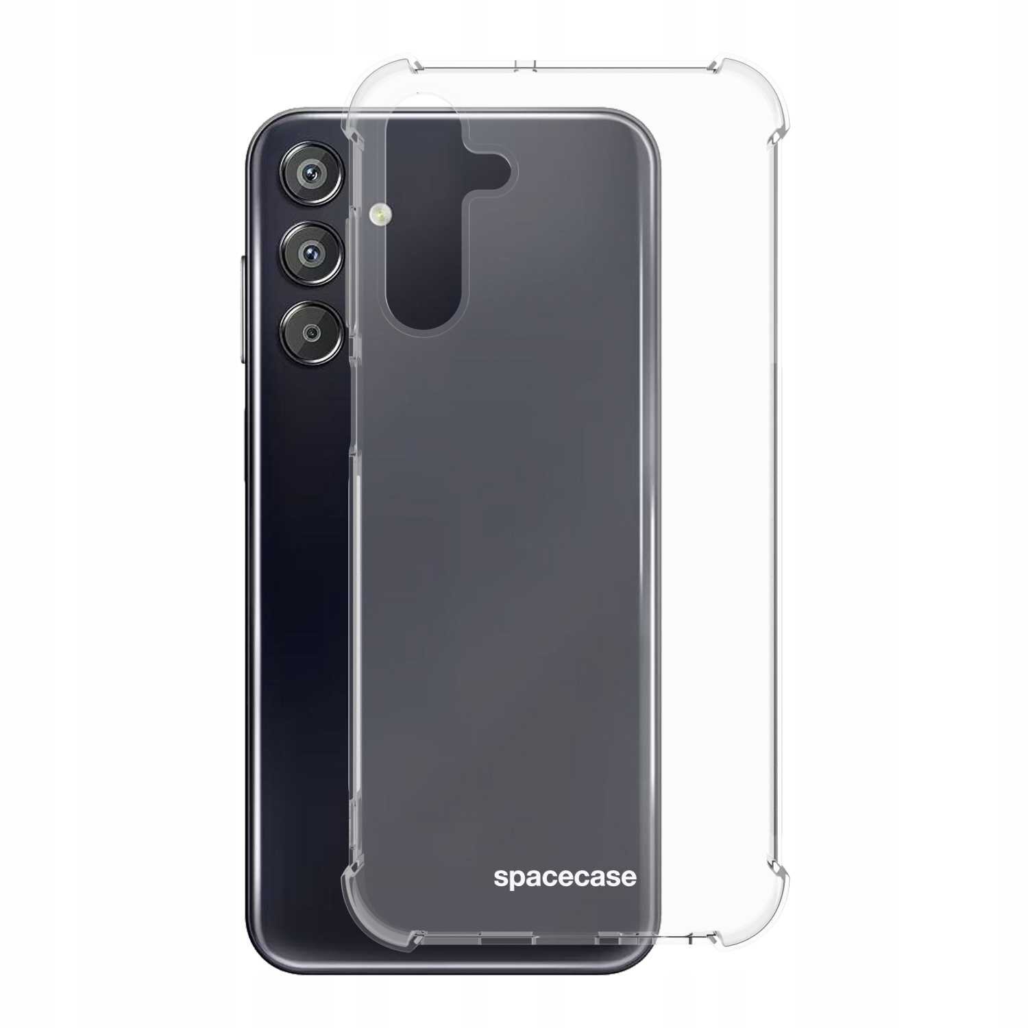 Na obrazie widoczne jest przezroczyste silikonowe etui na telefon z napisem \'spacecase\'. Etui jest nałożone na ciemny telefon z trzema aparatami z tyłu.