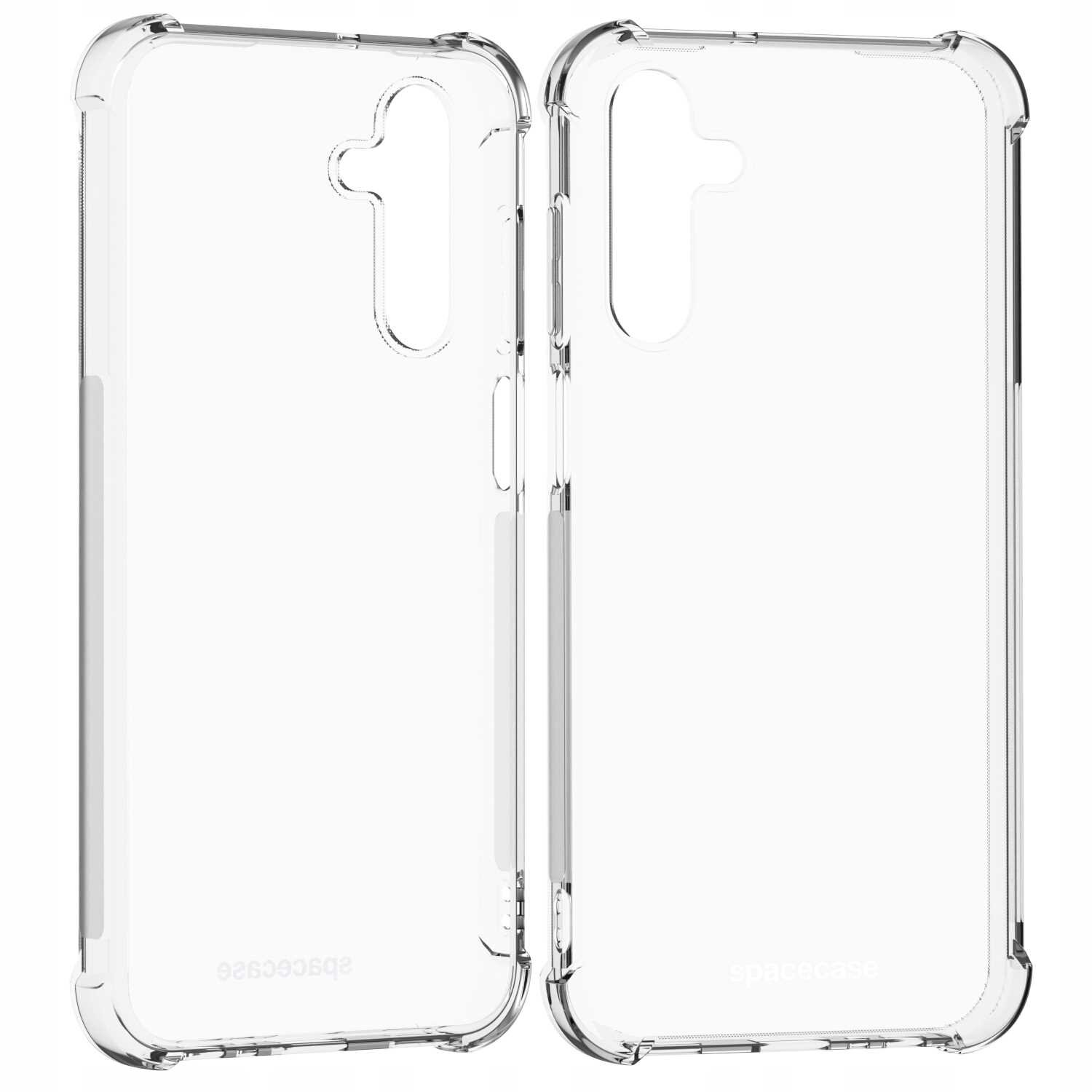 Dwa przezroczyste silikonowe etui z wycięciami na aparat i przyciski. Na dole widoczny jest napis \'spacecase\'.