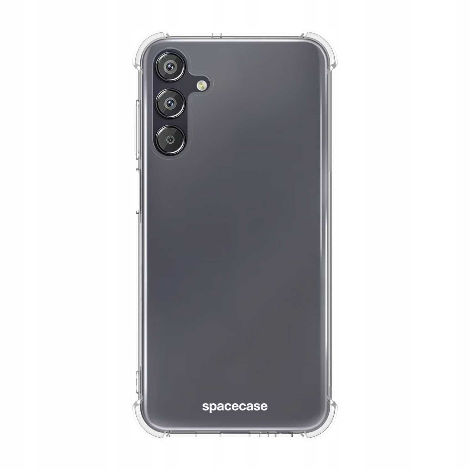 Przezroczyste silikonowe etui na telefon z widocznymi trzema aparatami i napisem \'spacecase\' na dole. Etui ma wzmocnione narożniki dla dodatkowej ochrony.
