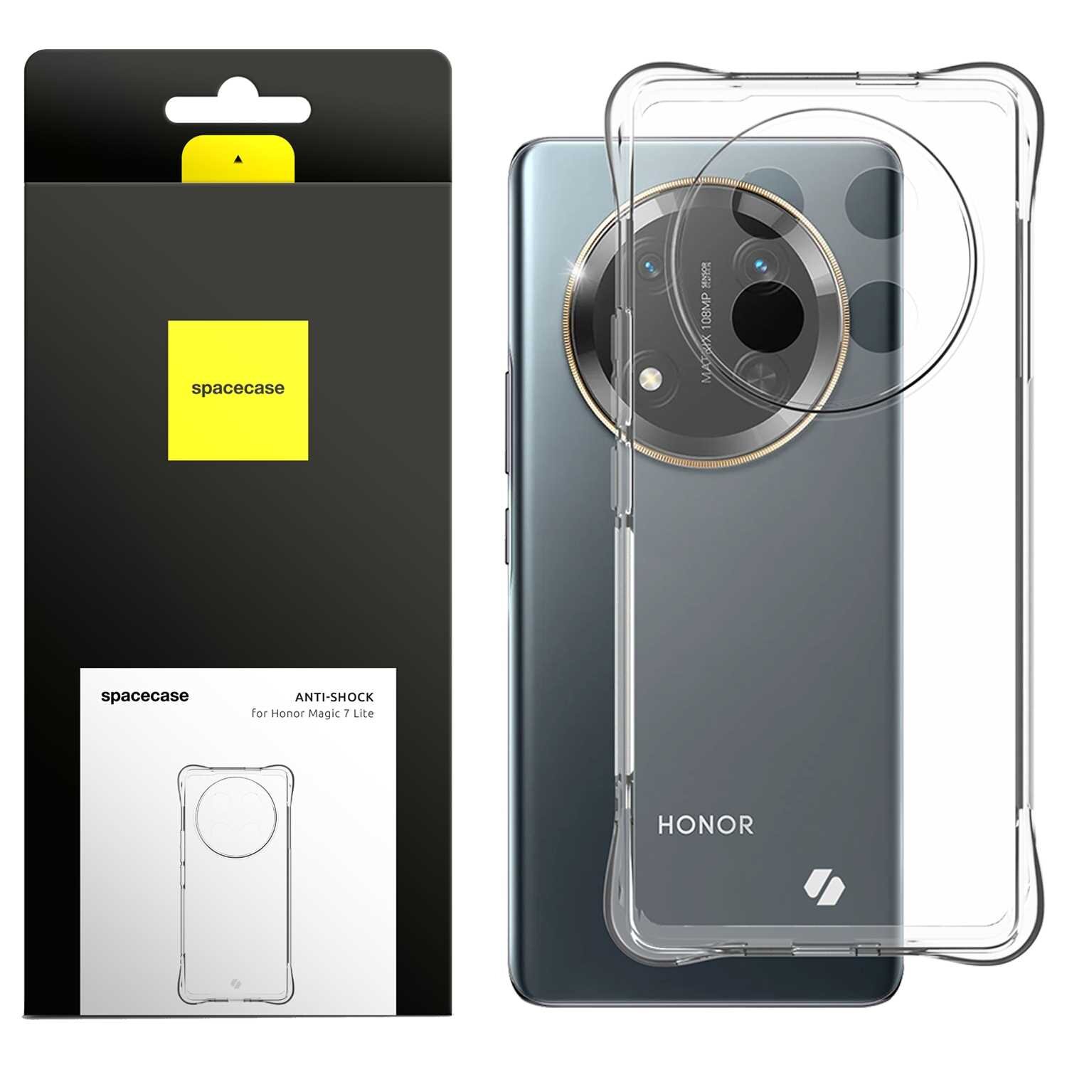 Obraz przedstawia przezroczyste silikonowe etui SPACECASE Anti-shock do telefonu Honor Magic 7 Lite oraz jego opakowanie. Na opakowaniu widnieje logo \'spacecase\' i napis \'ANTI-SHOCK for Honor Magic 7 Lite\'.