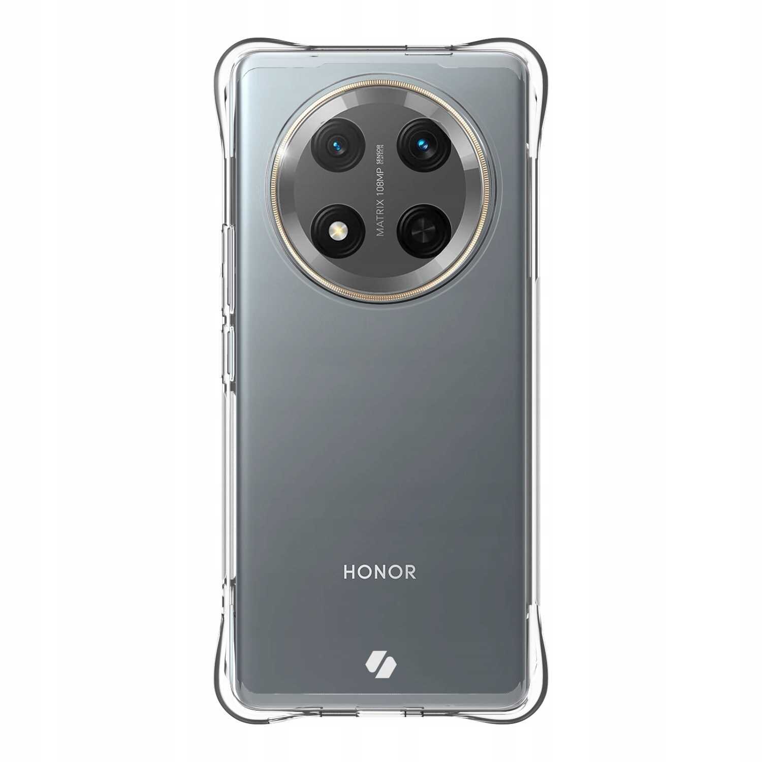 Przezroczyste silikonowe etui na telefon z widocznym logo \'HONOR\' oraz okrągłym modułem aparatu z trzema obiektywami i napisem \'MATRIX 108MP CAMERA\'.