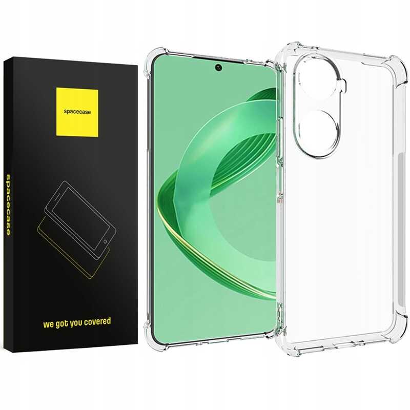 Obraz przedstawia przezroczyste silikonowe etui na telefon oraz czarne pudełko z żółtym logo \'spacecase\'. Na pudełku widnieje napis \'we got you covered\'.