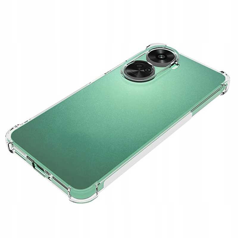 Przezroczyste silikonowe etui na telefon z widocznymi wycięciami na aparat. Etui jest nałożone na zielony telefon.