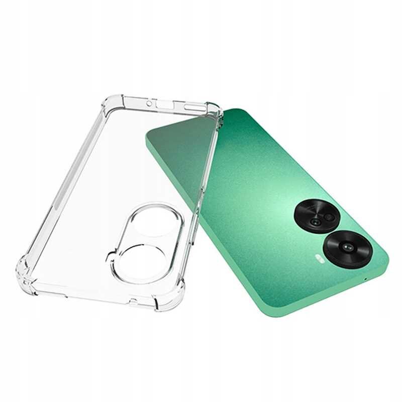 Na obrazie widoczne jest przezroczyste silikonowe etui oraz zielony telefon z dwoma dużymi obiektywami aparatu. Etui ma wycięcia na aparaty i przyciski.