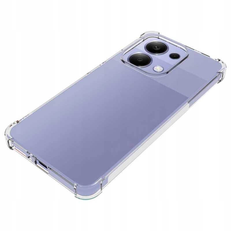 Przezroczyste silikonowe etui na smartfon z widocznymi wycięciami na aparat i porty. Etui ma wzmocnione narożniki dla dodatkowej ochrony.