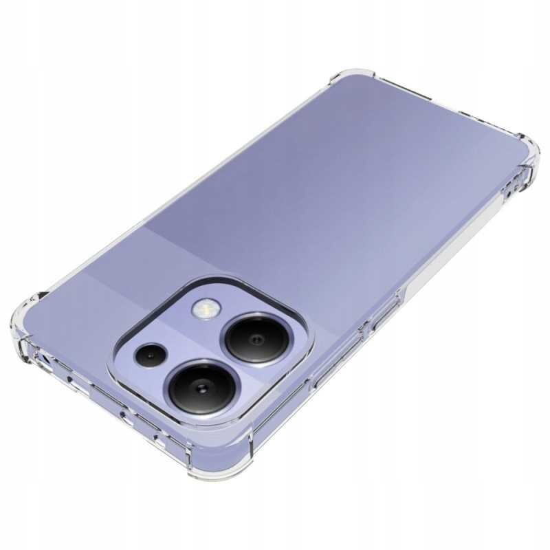 Przezroczyste silikonowe etui na smartfon z widocznymi wycięciami na aparat i przyciski. Etui ma wzmocnione narożniki dla dodatkowej ochrony.