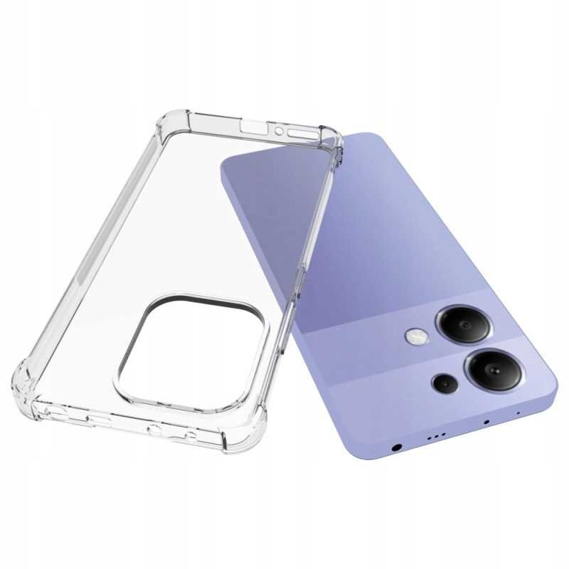 Obraz przedstawia przezroczyste silikonowe etui oraz fioletowy smartfon z trzema aparatami z tyłu. Etui ma wycięcie na aparaty i przyciski boczne.