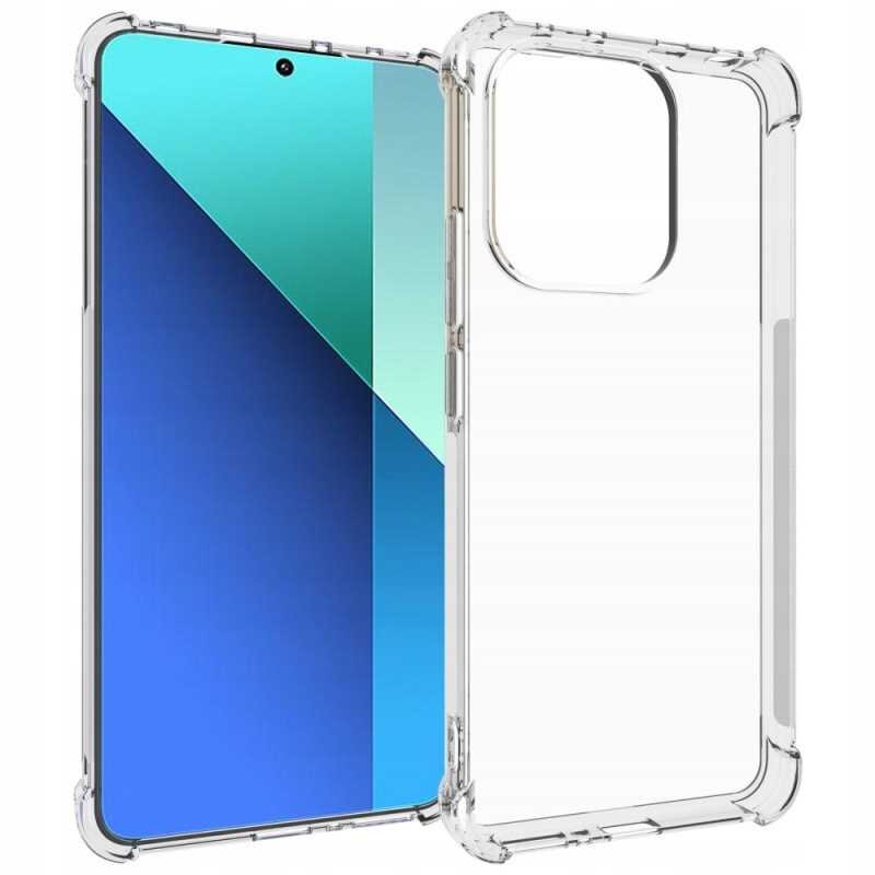 Przezroczyste silikonowe etui na telefon z widocznymi wzmocnieniami na rogach. Obok etui znajduje się telefon z kolorowym ekranem w odcieniach niebieskiego i zielonego.