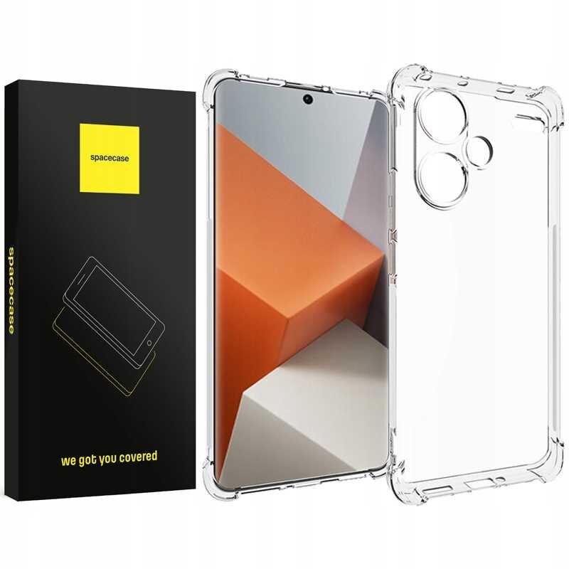 Przezroczyste silikonowe etui na telefon z trzema wycięciami na aparaty. Obok znajduje się czarne pudełko z logo \'spacecase\' i napisem \'we got you covered\'.