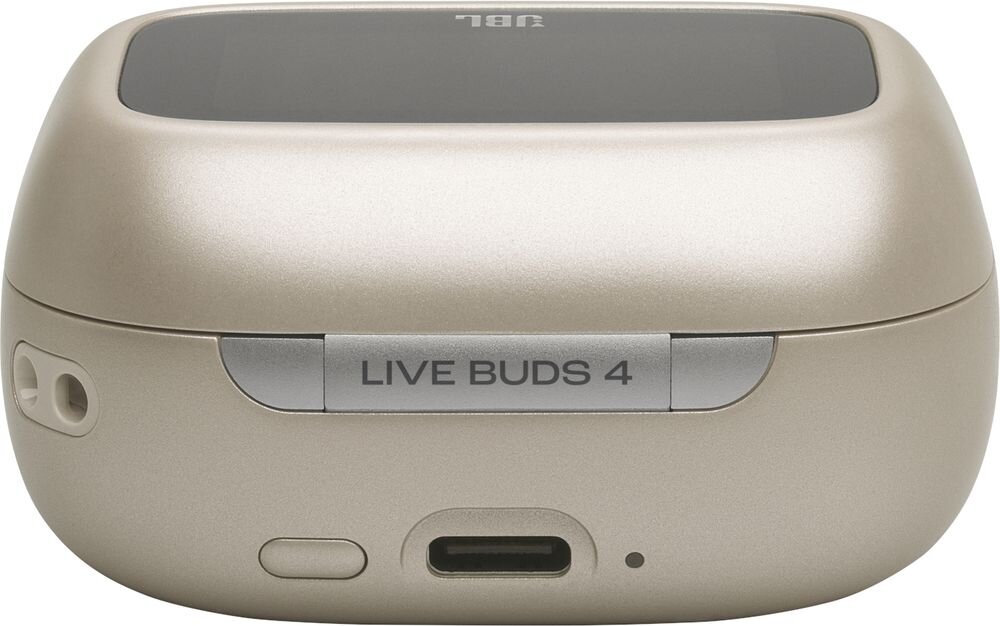 Słuchawki dokanałowe JBL Live Buds 4 ANC z przełączaniem audio i lokalizacją Google, etui ładujące na białym tle