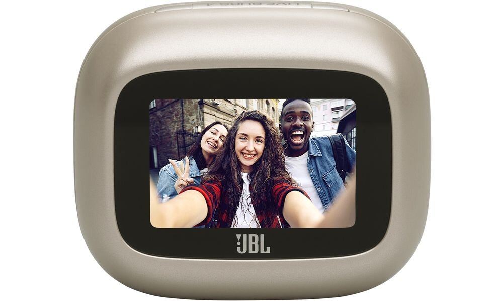 Słuchawki dokanałowe JBL Live Buds 4 ANC z aplikacją JBL Headphones i personalizacją ustawień, etui ładujące na białym tle