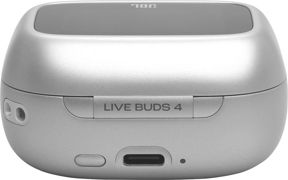 Słuchawki dokanałowe JBL Live Buds 4 ANC z przełączaniem audio i lokalizacją Google, etui ładujące na białym tle