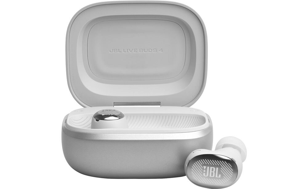 Słuchawki dokanałowe JBL Live Buds 4 ANC z 6 mikrofonami AI i technologią beamforming, słuchawki z etui ładującym na białym tle