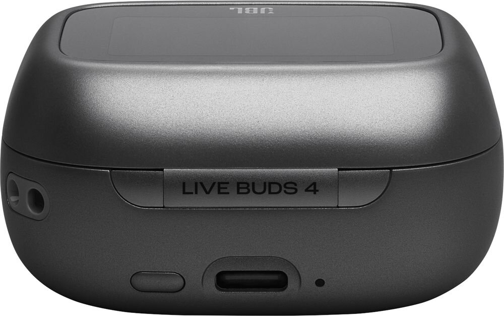 Słuchawki dokanałowe JBL Live Buds 4 ANC z przełączaniem audio i lokalizacją Google, etui ładujące na białym tle