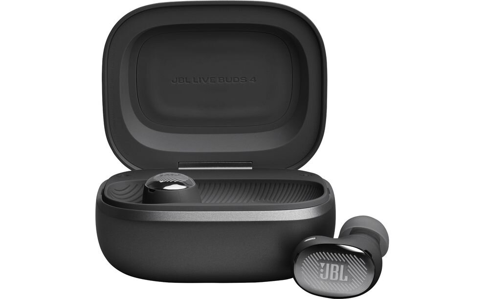 Słuchawki dokanałowe JBL Live Buds 4 ANC z 6 mikrofonami AI i technologią beamforming, słuchawki z etui ładującym na białym tle