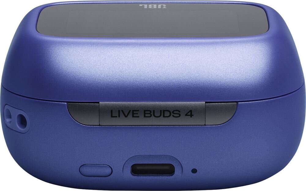 Słuchawki dokanałowe JBL Live Buds 4 ANC z przełączaniem audio i lokalizacją Google, etui ładujące na białym tle
