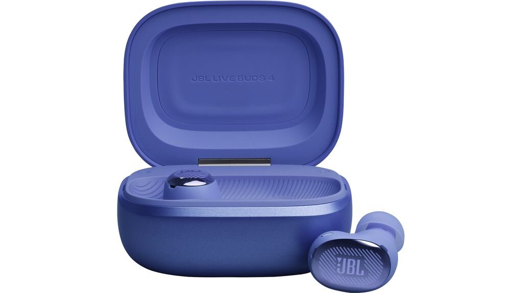 Słuchawki dokanałowe JBL Live Buds 4 ANC z 6 mikrofonami AI i technologią beamforming, słuchawki z etui ładującym na białym tle