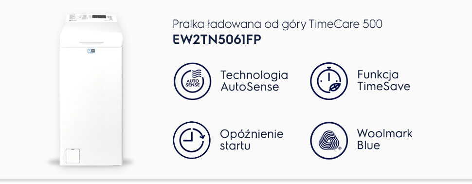 Obraz przedstawia pralkę ładowaną od góry z serii TimeCare 500, model EW2TN5061FP. Obok pralki znajdują się ikony z napisami: \'Technologia AutoSense\', \'Funkcja TimeSave\', \'Opóźnienie startu\', \'Woolmark Blue\'.
