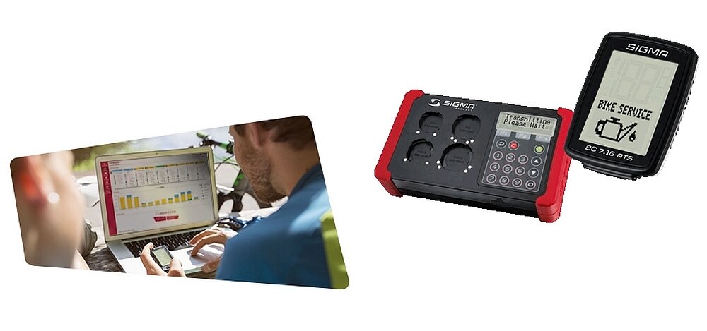 Po lewej stronie osoba korzysta z laptopa, na ekranie widoczny jest wykres. Po prawej stronie znajdują się dwa urządzenia elektroniczne z logo SIGMA, jedno z nich wyświetla tekst \'BIKE SERVICE\'.