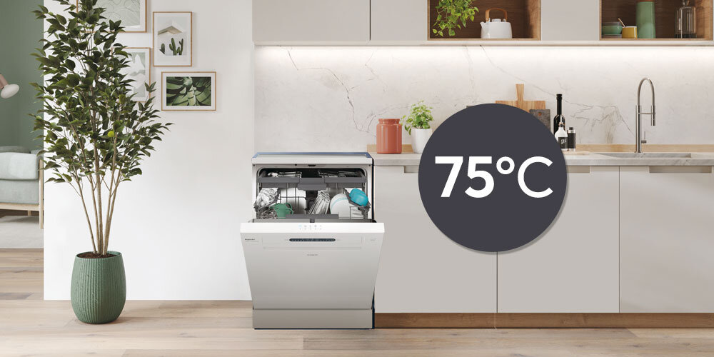 W kuchni znajduje się otwarta zmywarka z widocznymi naczyniami w środku. Na obrazie widnieje duży okrągły symbol z napisem \'75°C\'.