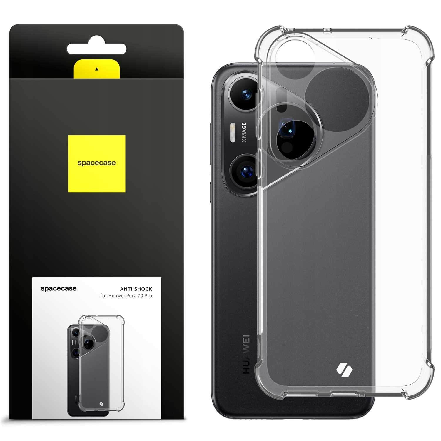 Obraz przedstawia przezroczyste silikonowe etui na telefon, obok którego znajduje się opakowanie z napisem \'spacecase ANTI-SHOCK for Huawei Pura 70 Pro\'. Na opakowaniu widoczne jest logo \'spacecase\' na żółtym tle.