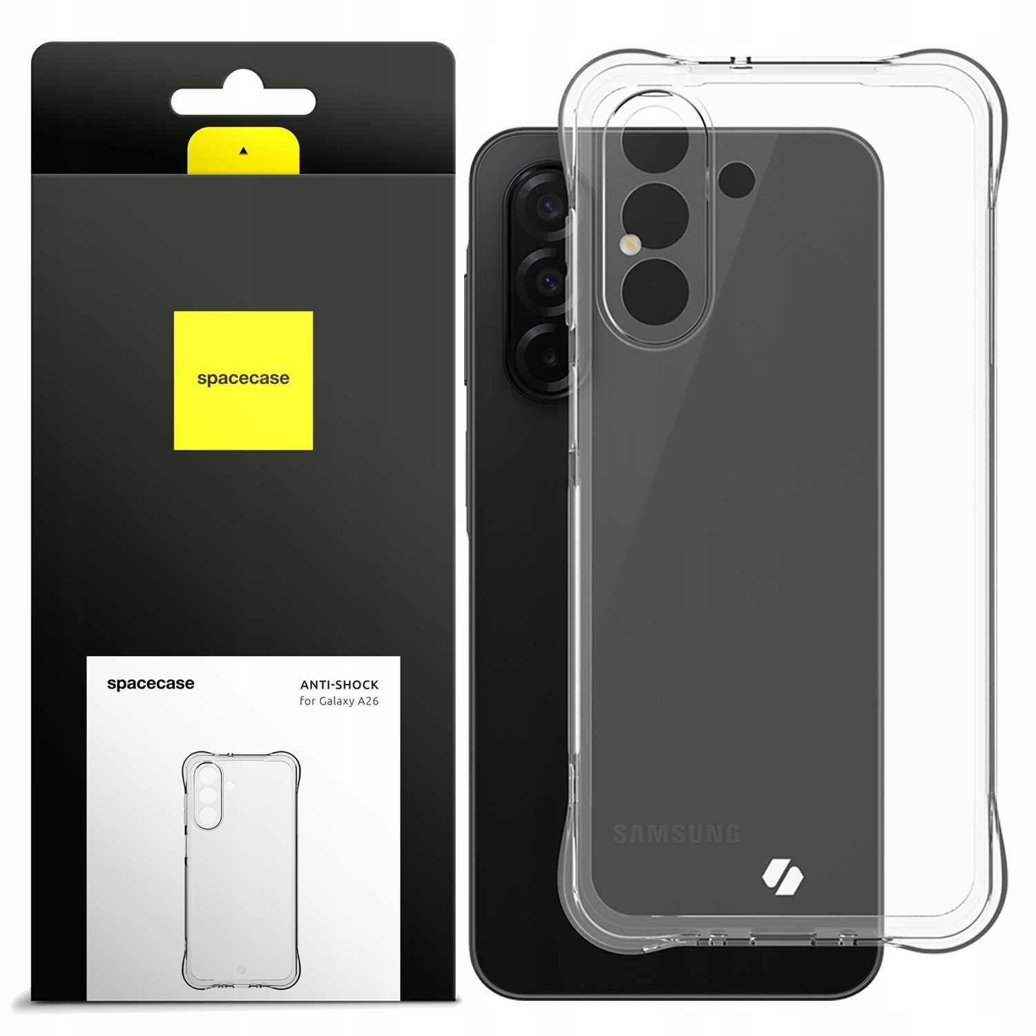 Przezroczyste silikonowe etui SPACECASE Anti-shock do Galaxy A26 jest pokazane obok opakowania z logo \'spacecase\'. Opakowanie zawiera napis \'ANTI-SHOCK for Galaxy A26\'.