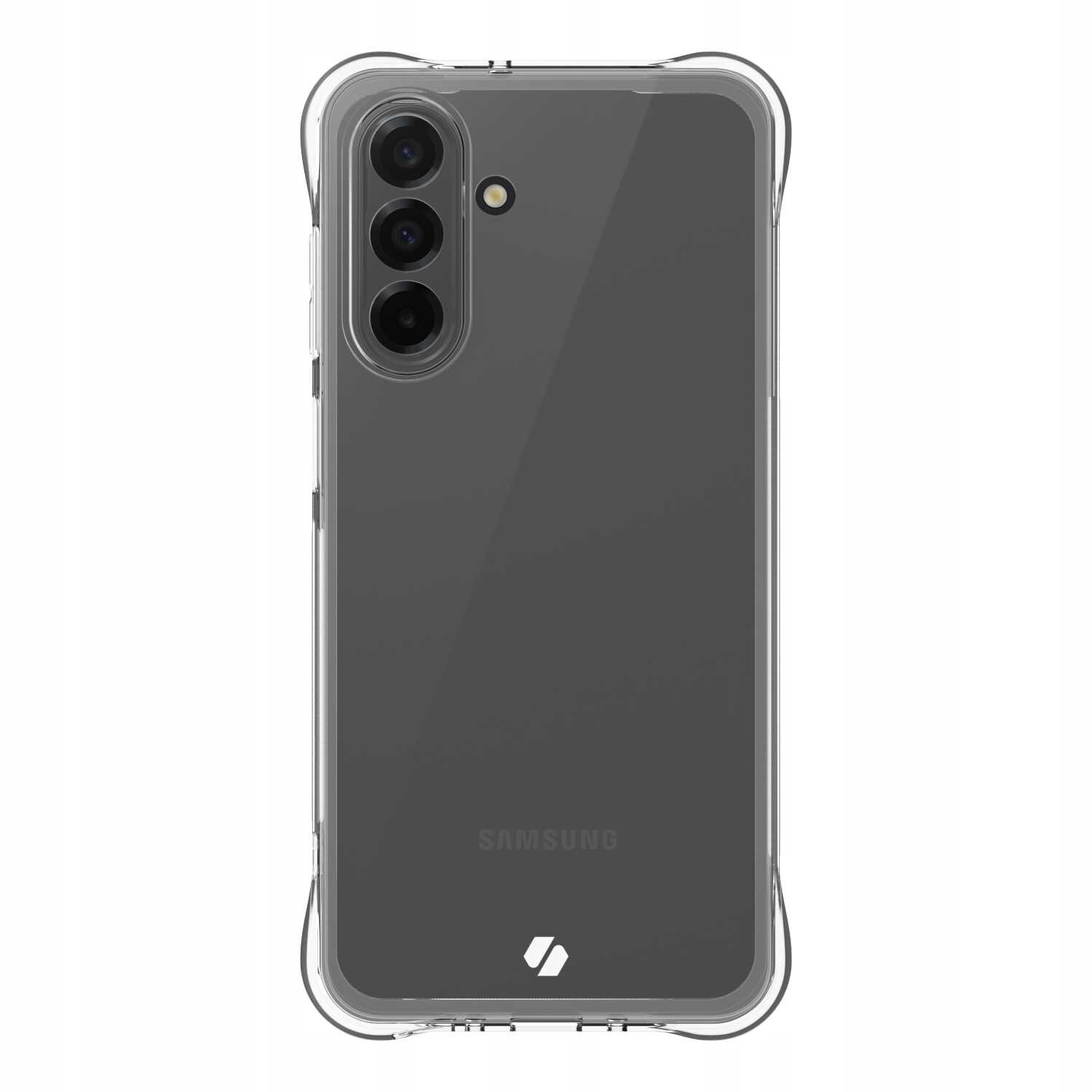 Przezroczyste silikonowe etui na telefon z trzema widocznymi aparatami i logo Samsung oraz dodatkowym logo na dole. Etui ma wzmocnione narożniki dla lepszej ochrony.