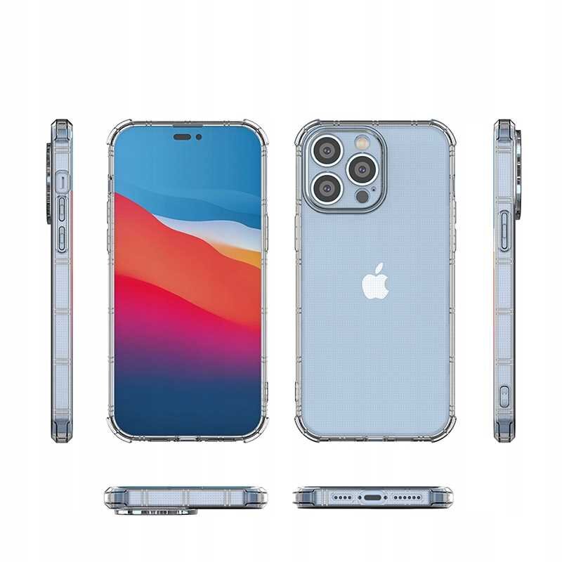 Przezroczyste silikonowe etui na telefon z widocznym logo jabłka, zaprojektowane do ochrony iPhone 14 Pro Max. Etui posiada wzmocnione narożniki i precyzyjne wycięcia na przyciski oraz porty.