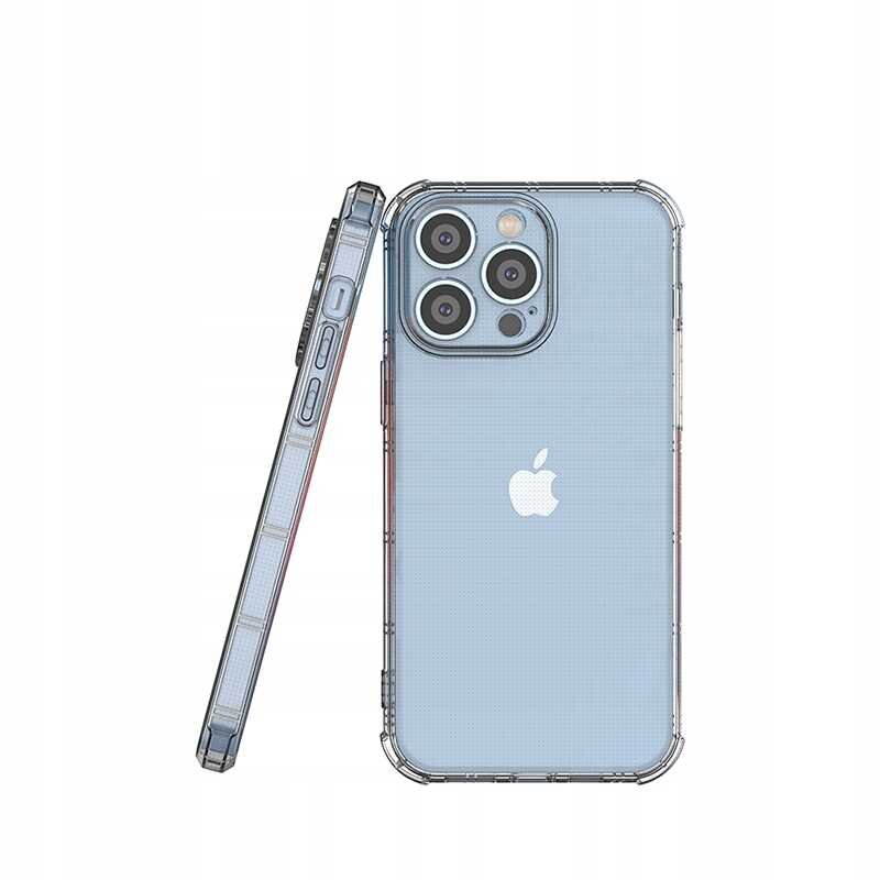 Przezroczyste silikonowe etui na telefon z widocznym logo w kształcie jabłka. Etui posiada wzmocnione narożniki i wycięcia na przyciski oraz aparat.