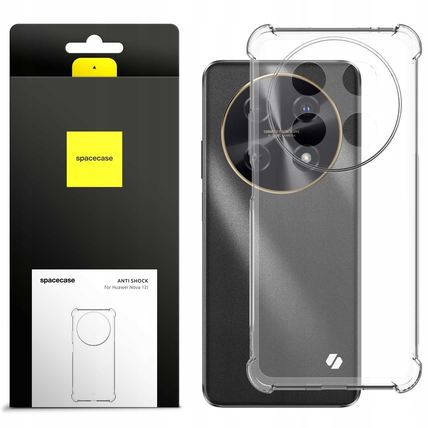 Obraz przedstawia przezroczyste silikonowe etui SPACECASE Anti-shock do Huawei Nova 12i oraz jego opakowanie. Na opakowaniu widnieje logo \'spacecase\' na żółtym tle.