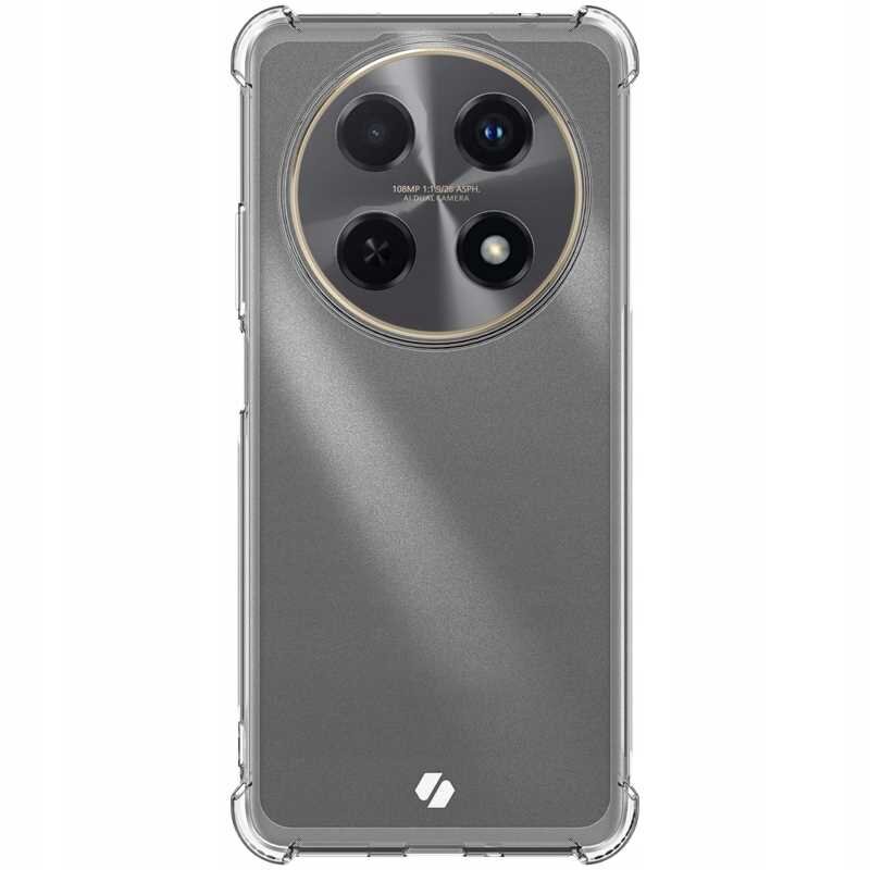 Przezroczyste silikonowe etui na telefon z widocznym okrągłym wycięciem na aparat z trzema obiektywami i napisem \'108MP 1:3.5/ASP.H A.I. QUAD CAMERA\'. Na dole etui znajduje się logo w kształcie stylizowanej litery \'S\'.