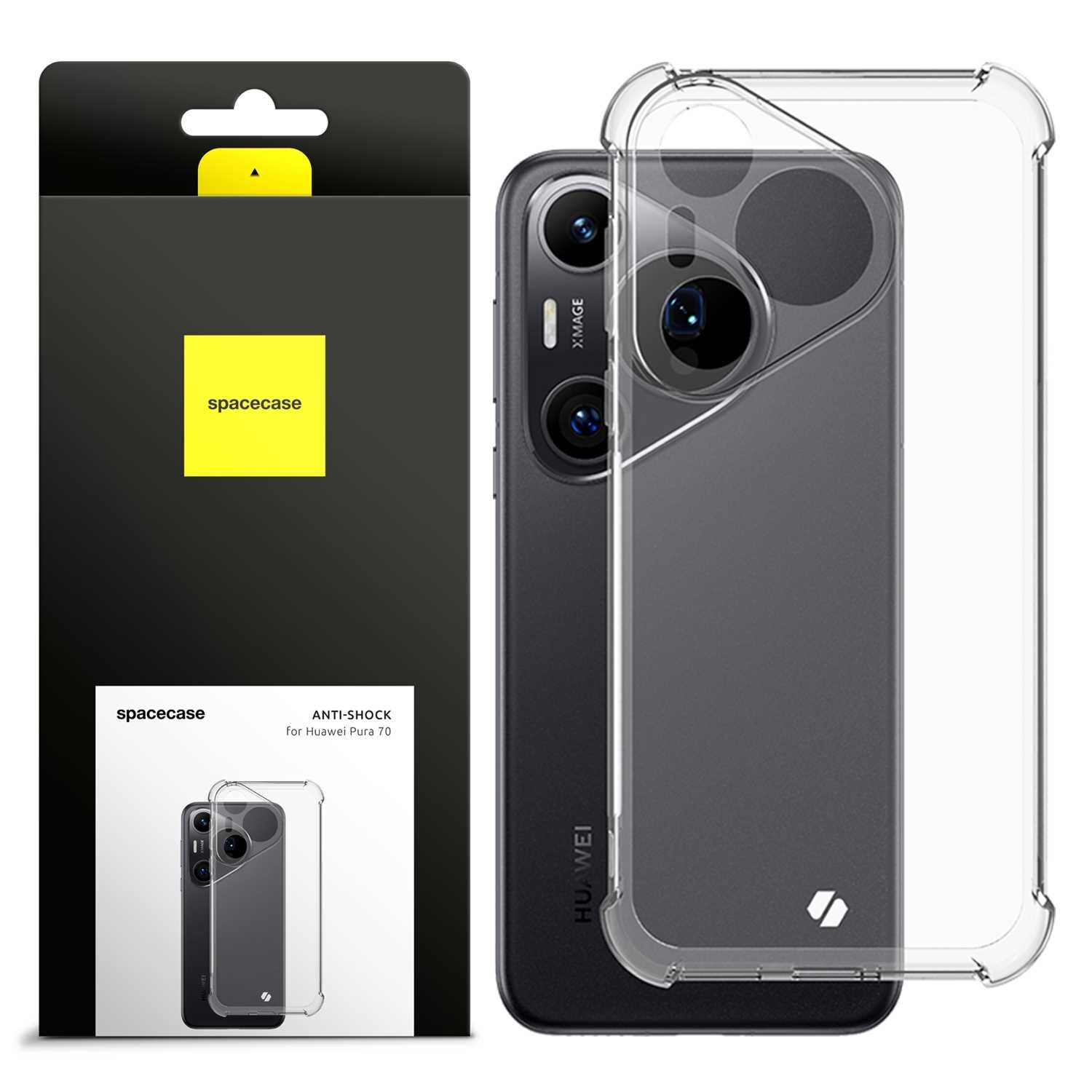 Przezroczyste silikonowe etui SPACECASE Anti-shock do Huawei Pura 70 jest pokazane obok opakowania z logo \'spacecase\'.