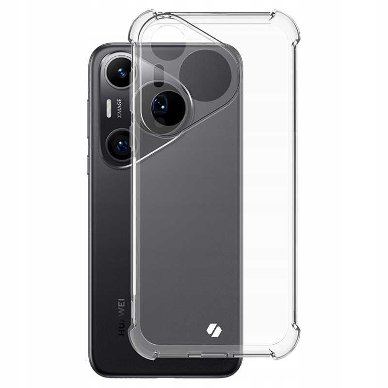 Na obrazie widoczne jest przezroczyste silikonowe etui na telefon, umieszczone na ciemnym smartfonie marki Huawei. Etui ma wycięcia na aparat i przyciski, a na telefonie widoczny jest napis \'X-IMAGE\'.